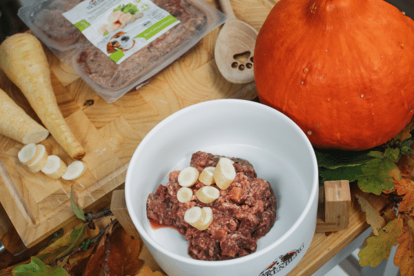 Bio Barf-Menü mit Huhn und Pastinake im Napf.