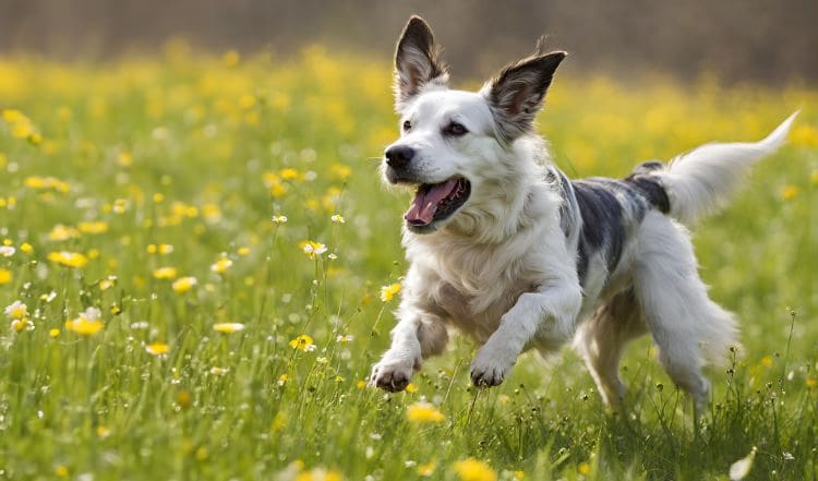 Hund im Frühling auf einer Wiese.