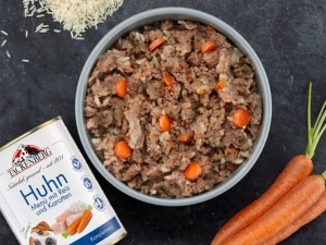 Nassfutter im Hundenapf mit unserem Komplettmen&uuml; Huhn, Karotte und Reis.